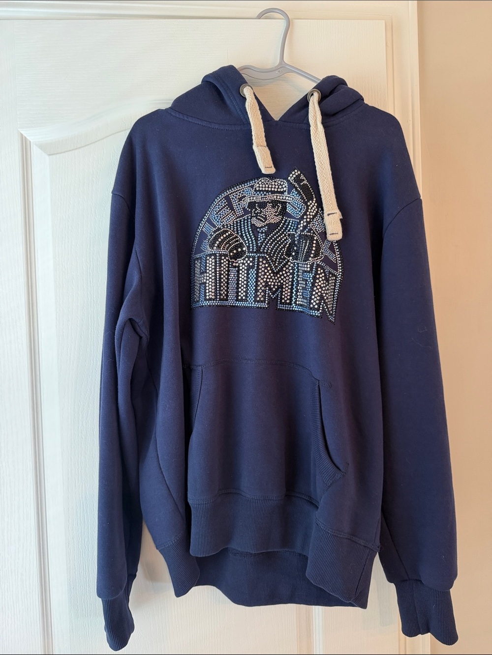 Navy Graphic Pullover Hoodie with Bedazzled Jersey Hitmen Logo Hockey sweatshirt